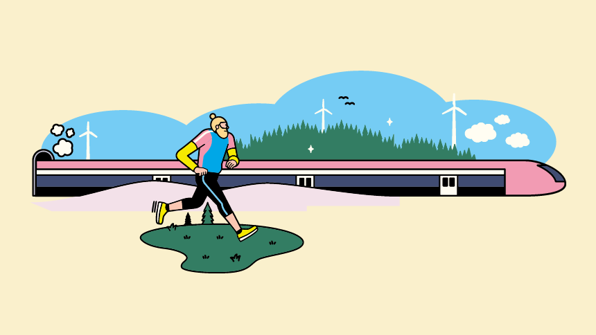 Person som joggar med tåg i bakgrunden.