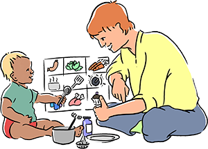 Illustration. Barn och vuxen leker på golvet med olika husgeråd. I bekgrunden en pektavla med bilder på temat matlagning.