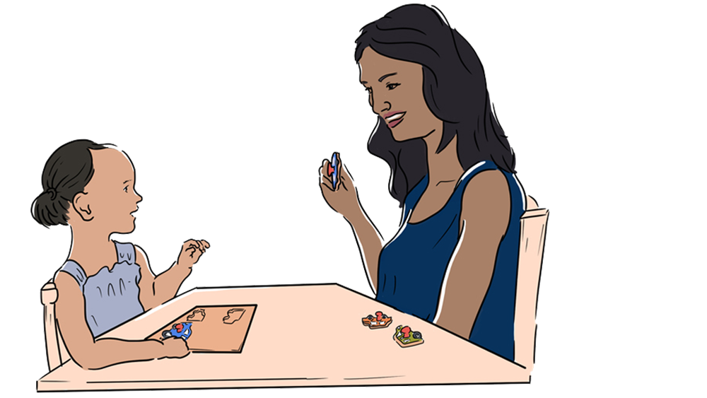 Illustration: Vuxen och barn sitter mitt emot varandra vid bord och lägger pussel.